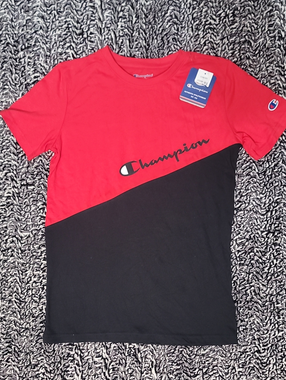 Champion Red and Black Diagonal Script Logo Short Sleeve Tee